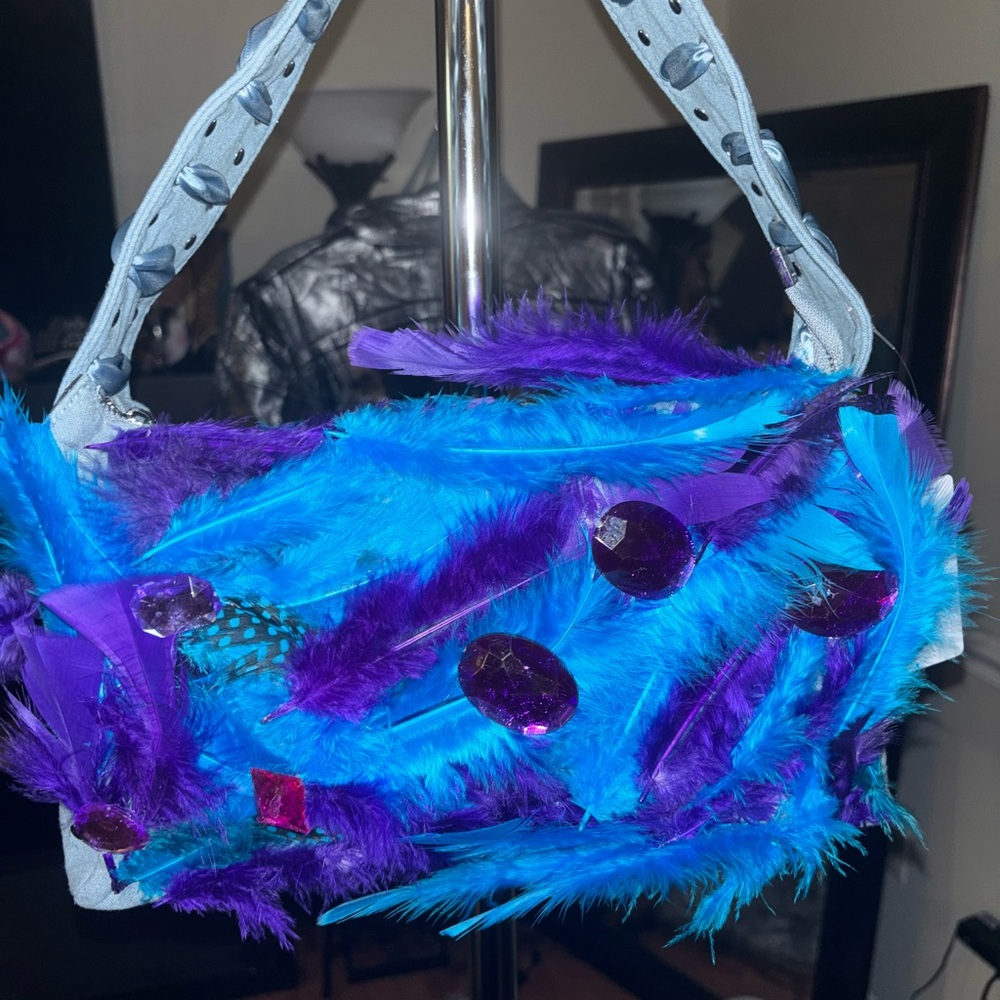 Blue and Purple Feathered Women's Bag